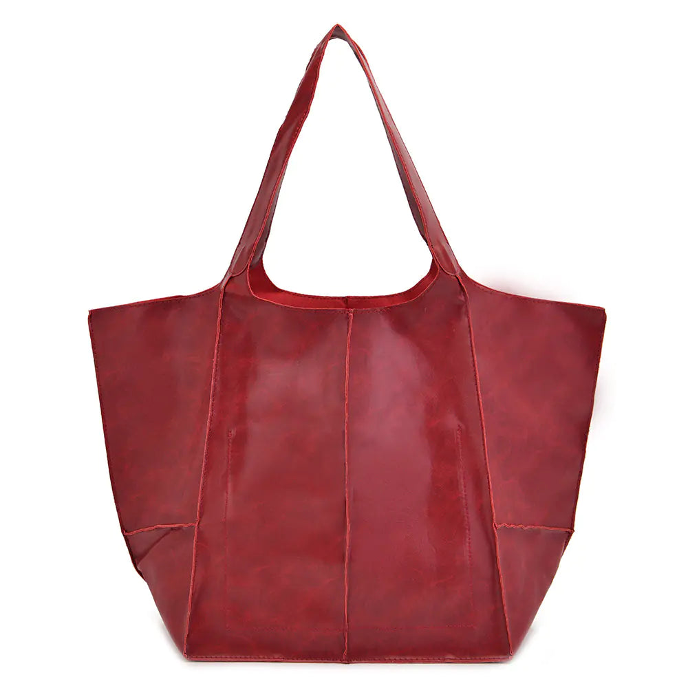 Vintage Oil Wax Leather Large Capacity Shoulder Bag - Rose Red - shoulder bag