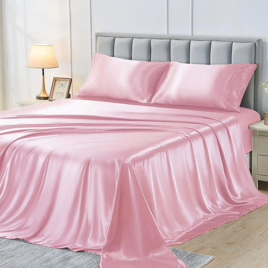 Queen Size Pink Satin Bed Sheets Set - Kia Day Design