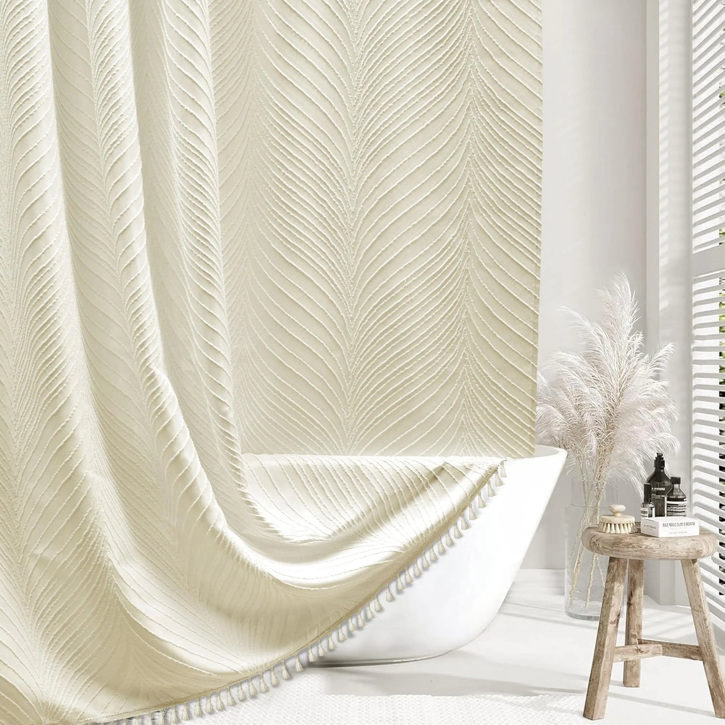 Beige Woven Fabric Tufted Leaves Textured Striped Shower Curtain - Kia Day Design