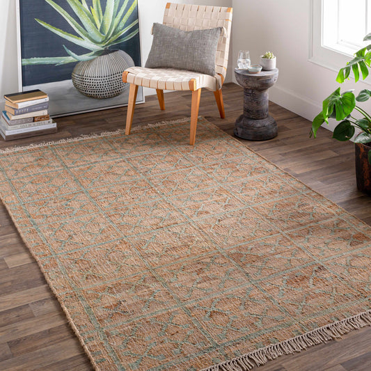 Rice Dusty Sage Fringed Jute Carpet - - Rugs