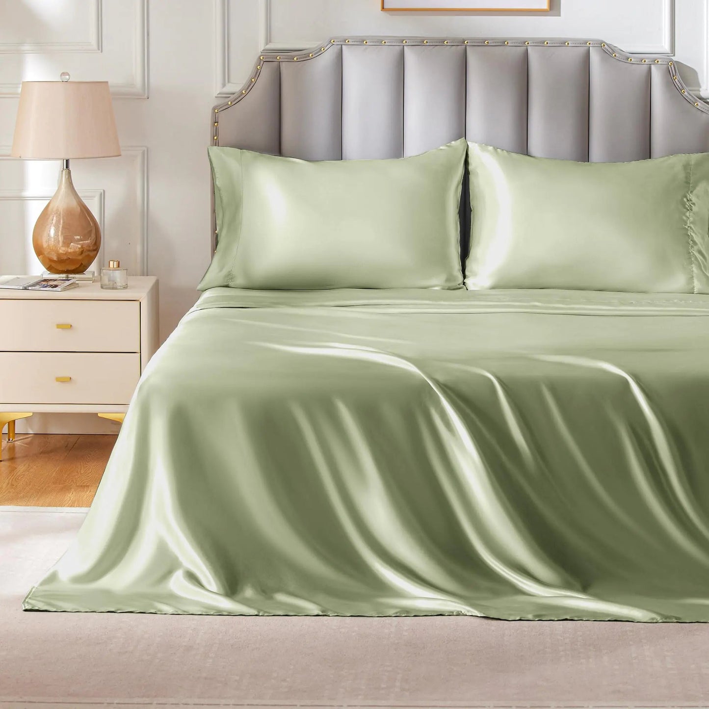 Sage Full Size Soft Satin Bed Sheets 4 Pc Set - Kia Day Design