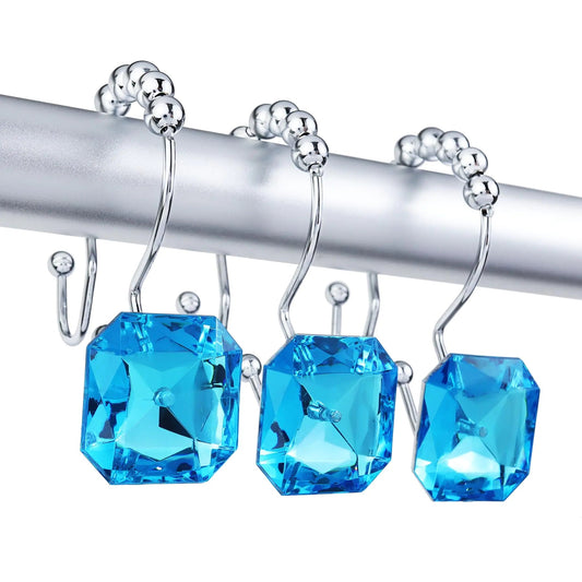 Blue Crystal Rhinestone 12PC Double Glide Hooks Anti Rust Shower Curtain Hooks - Kia Day Design