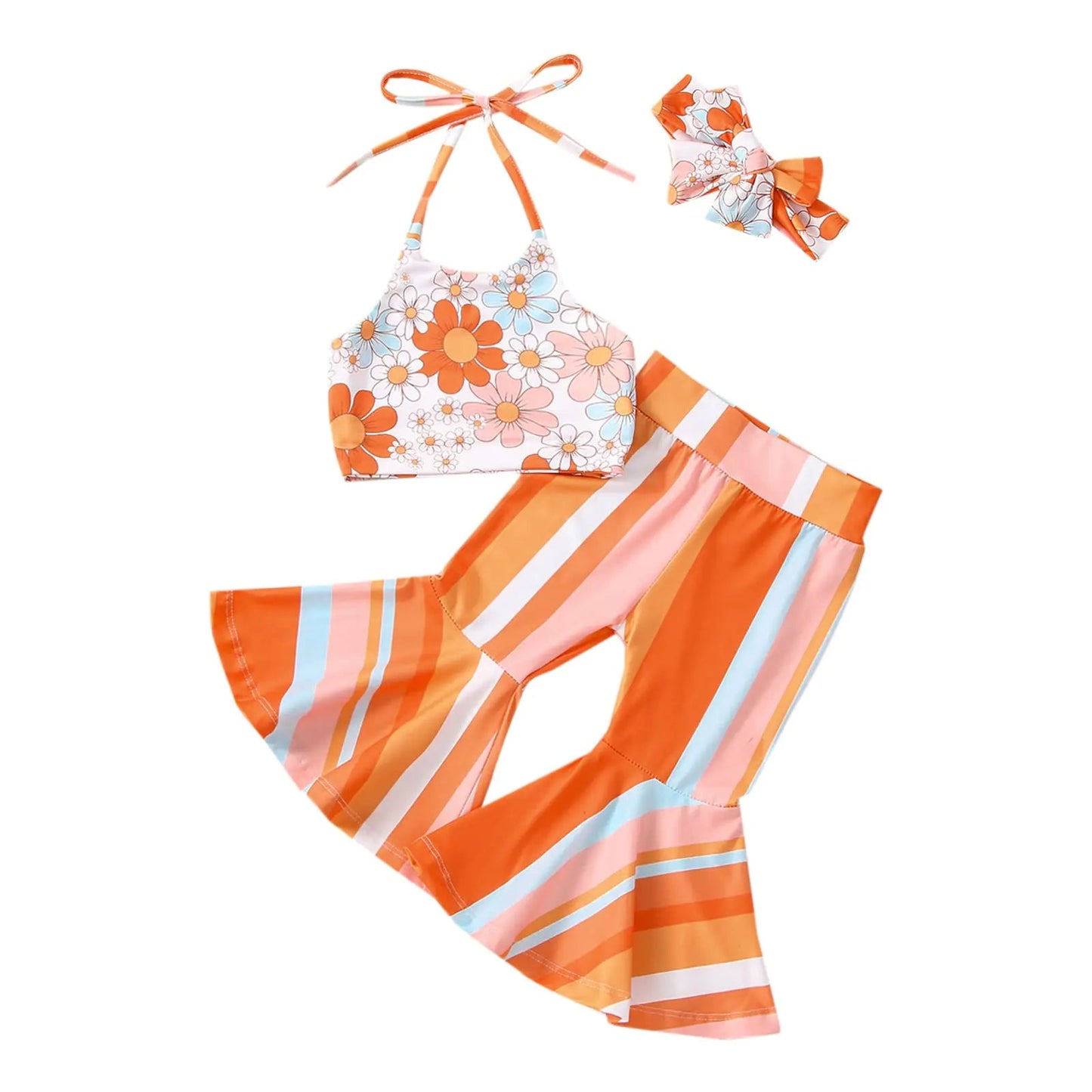 Toddler Bell Bottom Flower Halter Crop Top Rainbow Stripes Flare Pants Set - - toddler outfit
