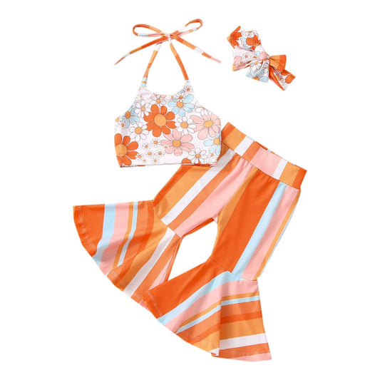 Toddler Bell Bottom Flower Halter Crop Top Rainbow Stripes Flare Pants Set - - toddler outfit