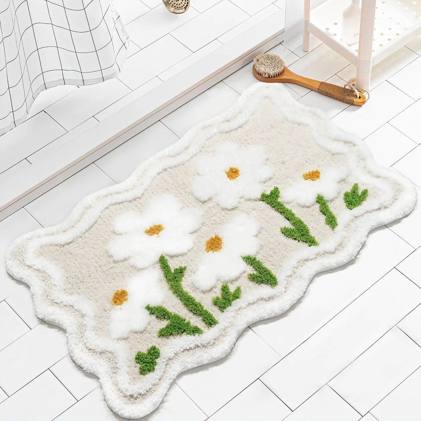 White Floral Non Slip Bathroom Rug - Kia Day Design