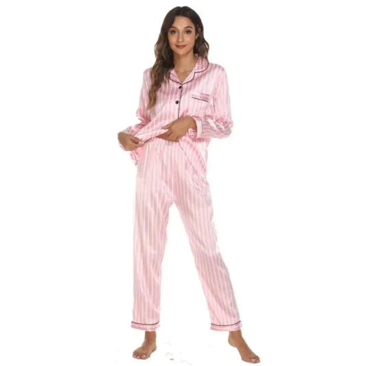 Two Piece Set Pajamas for Women Striped Satin Silk Sleepwear Kia Day Design