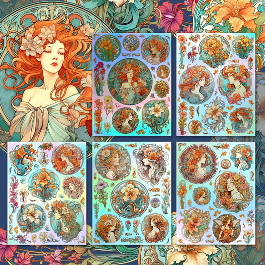 Holographic Stickers Pack # Fairy Girl Floral Portrait Art Nouveau HANATABA Vintage Art Deco Styled Wall Laptop Large Vinyl Hologram Stickers Mucha