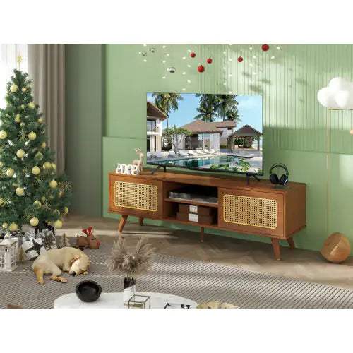 Mid Century Modern Rattan TV Stand Entertainment Cabinet - Kia Day Design