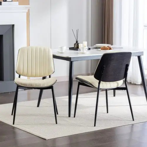 Dining Chairs Set Of 2 Mid Century Modern Retro Faux Leather Chair With Walnut Bentwood Back Upholstered Seat Metal Legs Adjustable Foot For Kitchen Dining Room Chairs - Kia Day Design