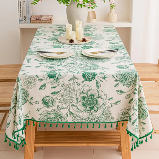 Green Floral Cotton Tablecloth with Tassels - Kia Day Design