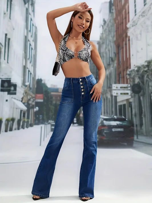 High Waisted Flared Denim Jeans with Button Pockets - Kia Day Design