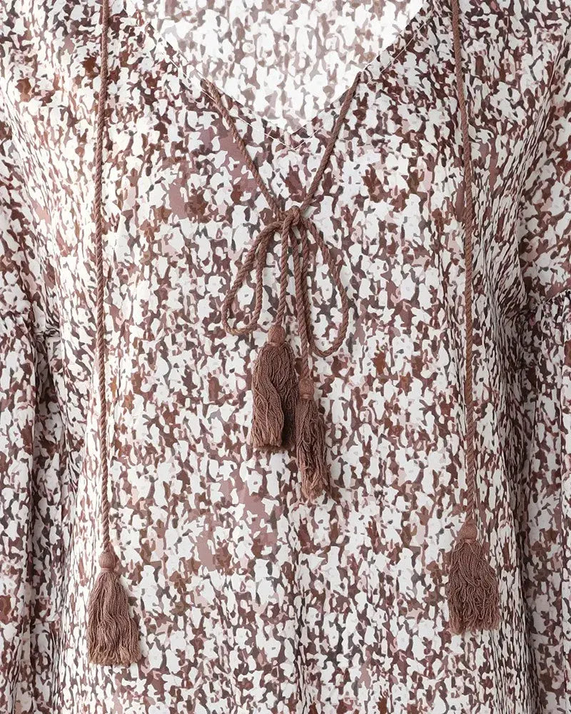Spring V Neck Floral Sleeve Long Dress - Kia Day Design