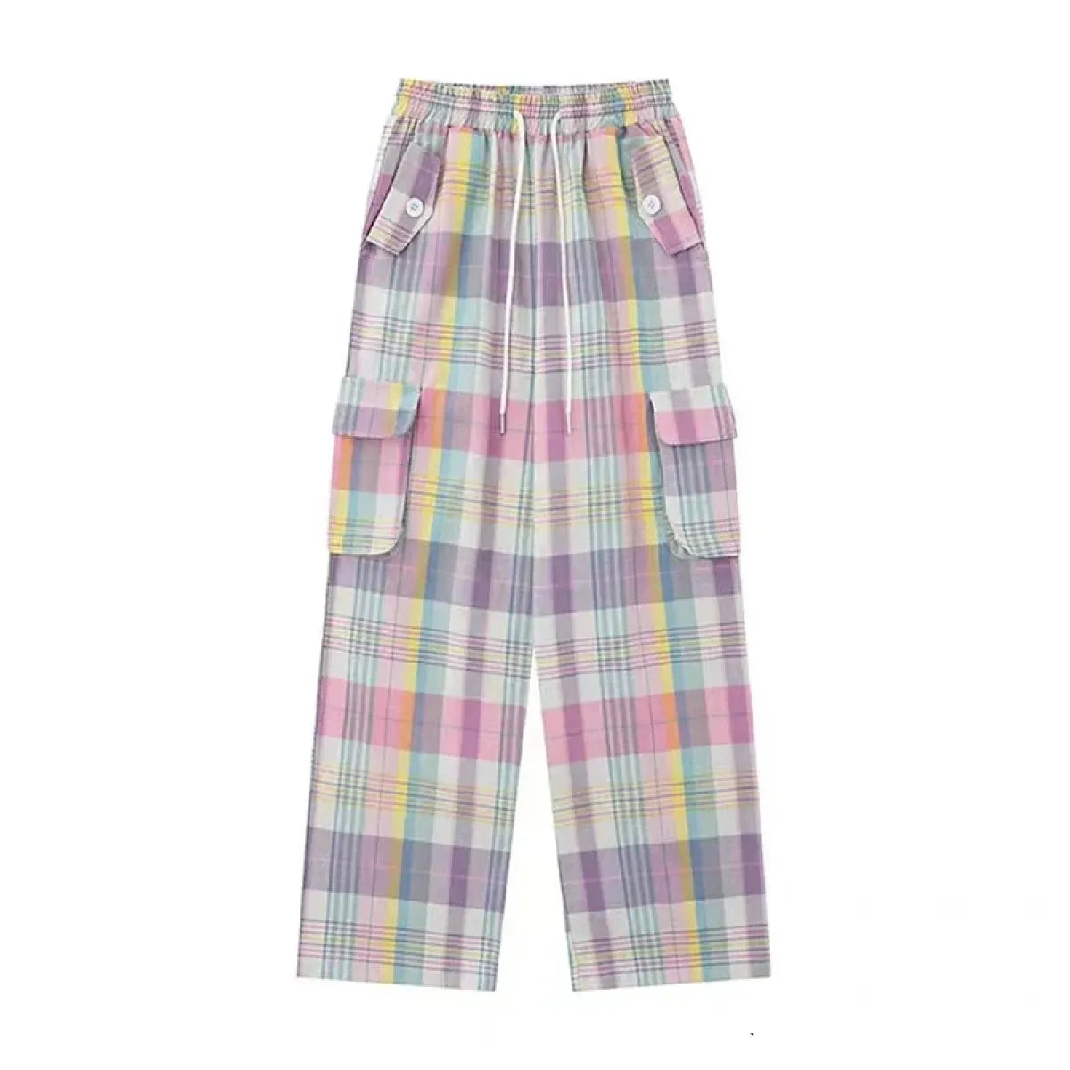 Pastel Plaid Cargo Pants – Y2K Harajuku Streetwear Aesthetic - - Women's Pants