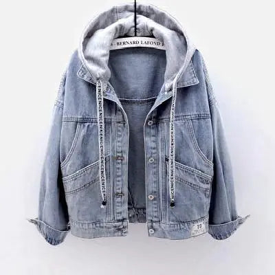 Light Blue Loose Fit Denim Jacket with Hood and Pockets - - jacket