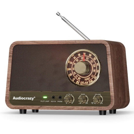 Plug in Wood Finish AM FM Tabletop Radio with Bluetooth Speaker Bass Control - Kia Day Design