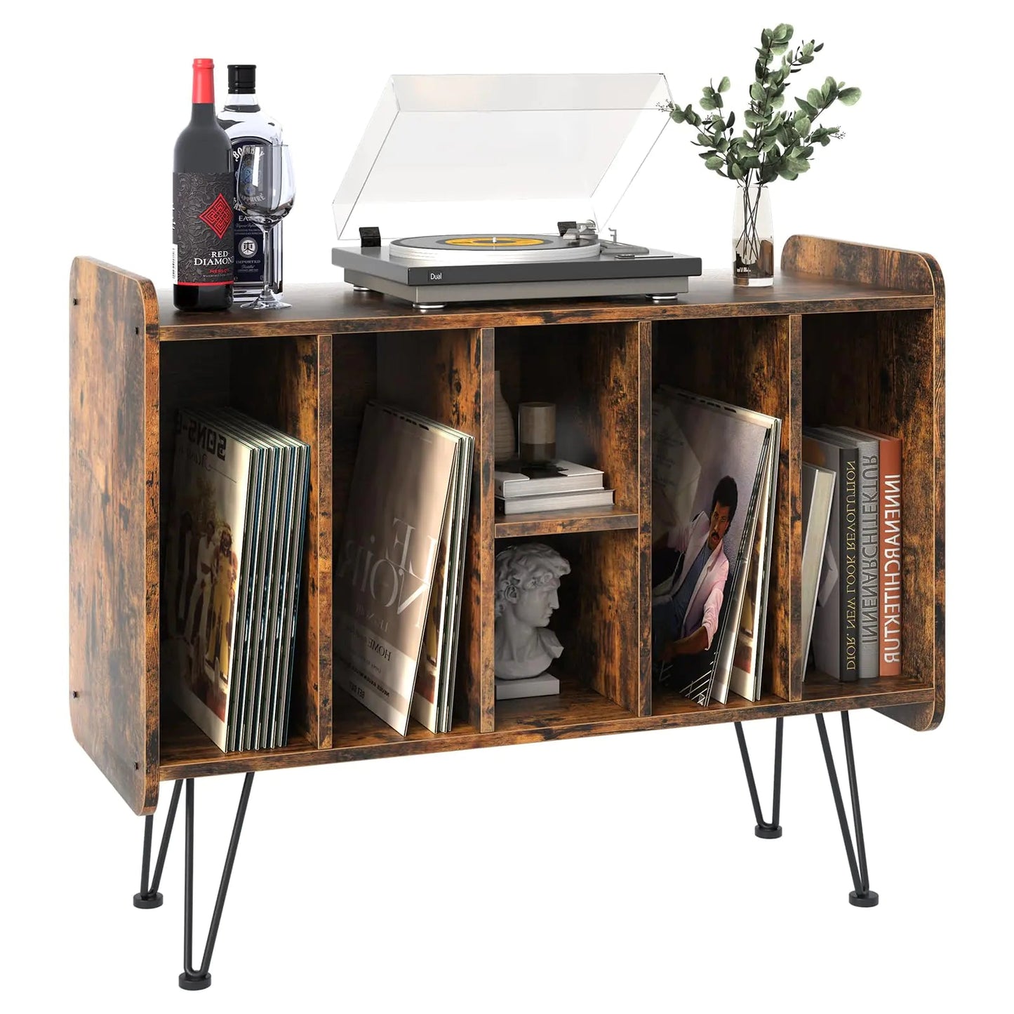 Wooden Large Vinyl Record Stand with Metal Legs - - cabinet