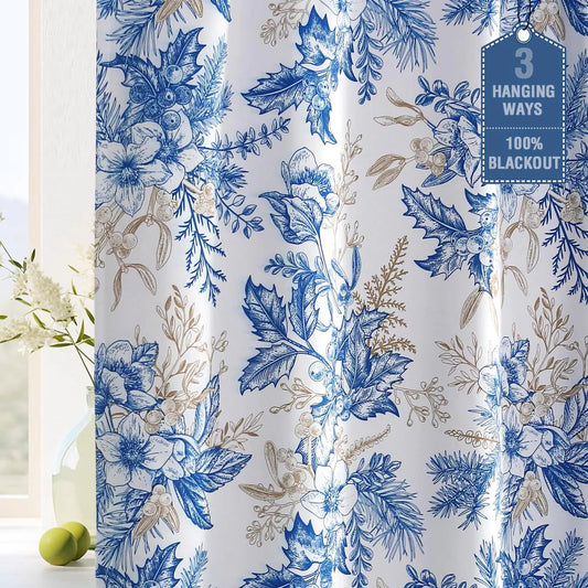 Blue Floral Curtains with Black Liner Thermal Insulated Tab Rod Pocket Curtains 2 Panels - Kia Day Design