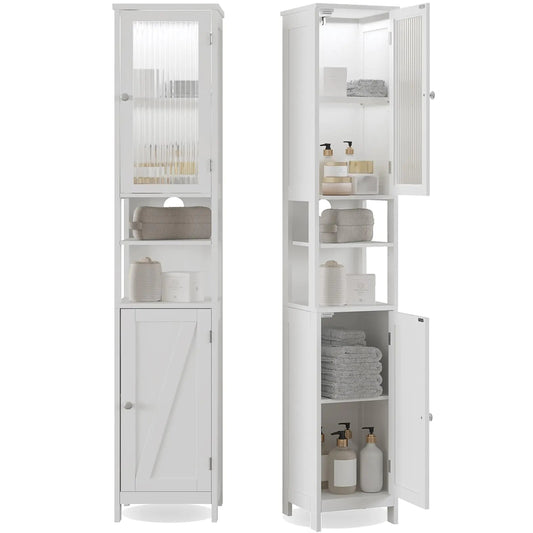Tall Bathroom Storage Cabinet with Light 5-Tier Narrow Bathroom Cabinet with 2 Doors Slim Storage Linen Cabinet Freestanding with Adjustable Shelves for Space Saving White Kia Day Design