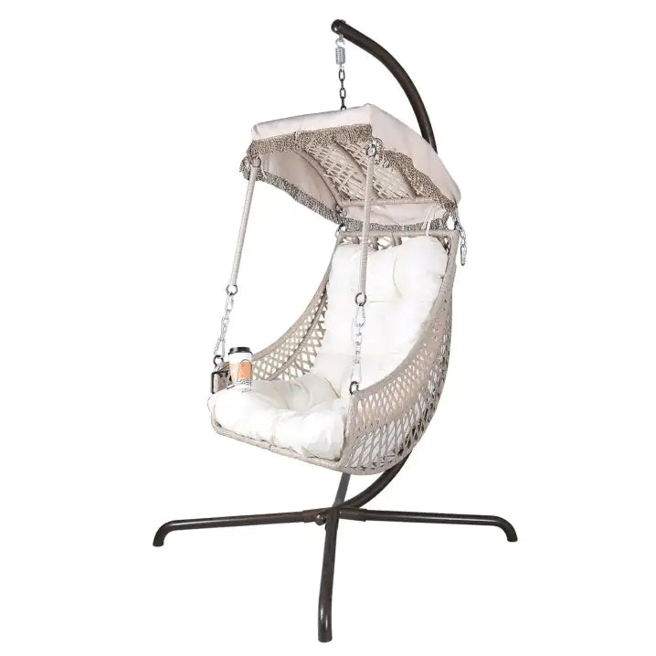 Indoor And Outdoor Swing Egg Chair With Stand, Beige UV Protection Cushion Hanging Chair With Cup Holder Kia Day Design