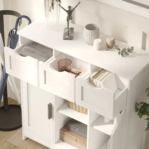 White Wooden Floor Cabinet with Drawers and Shelves - Kia Day Design