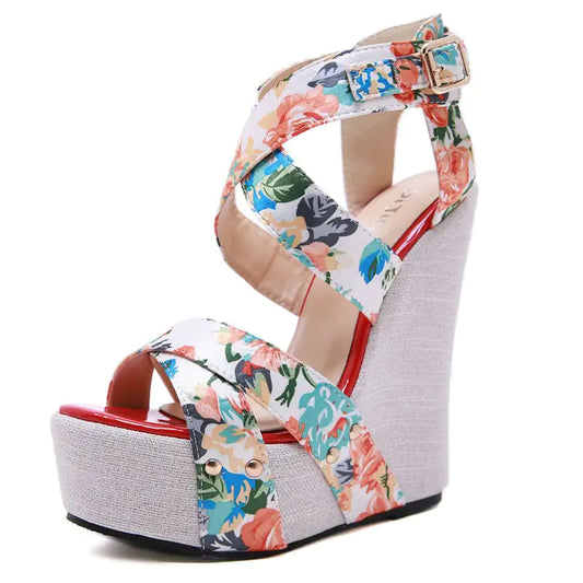 Silk-Printed Comfortable Wedge High-Heel Sandals - Colorful 37 - wedge heels
