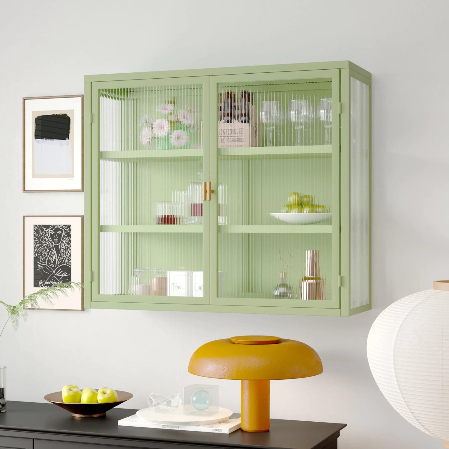 Green Double Glass Door Wall Cabinet with Detachable Shelves - Kia Day Design