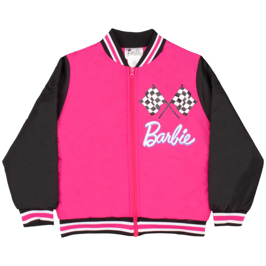 Barbie Girls Racing Bomber Jackets Zip-Up Graphic Print Jacket for Kids Casual Fashion Coats (Hot Pink/Black Size 16)
