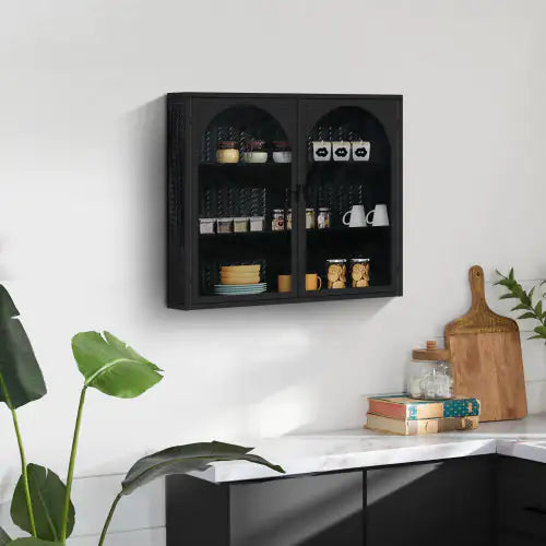 Black Two-door Wall Cabinet with Glass Doors - Black - cabinet
