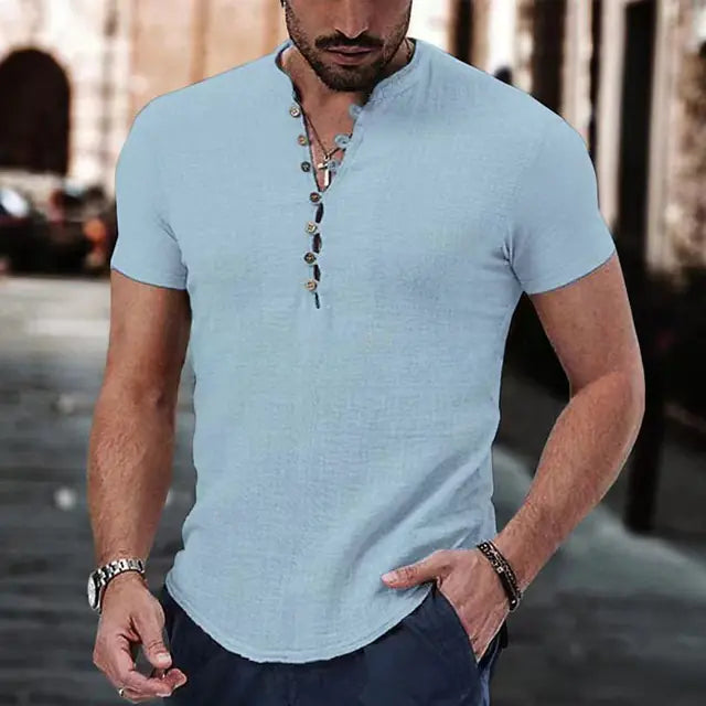 Men's Casual V-Neck Button Short Sleeve Shirt - Sky blue L - shirt