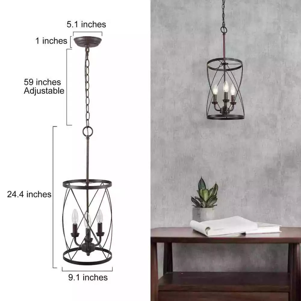 Lnc Farmhouse Chandelier Bronze Industrial 3-Light Drum Cage Candlestick Dining - - Brand New