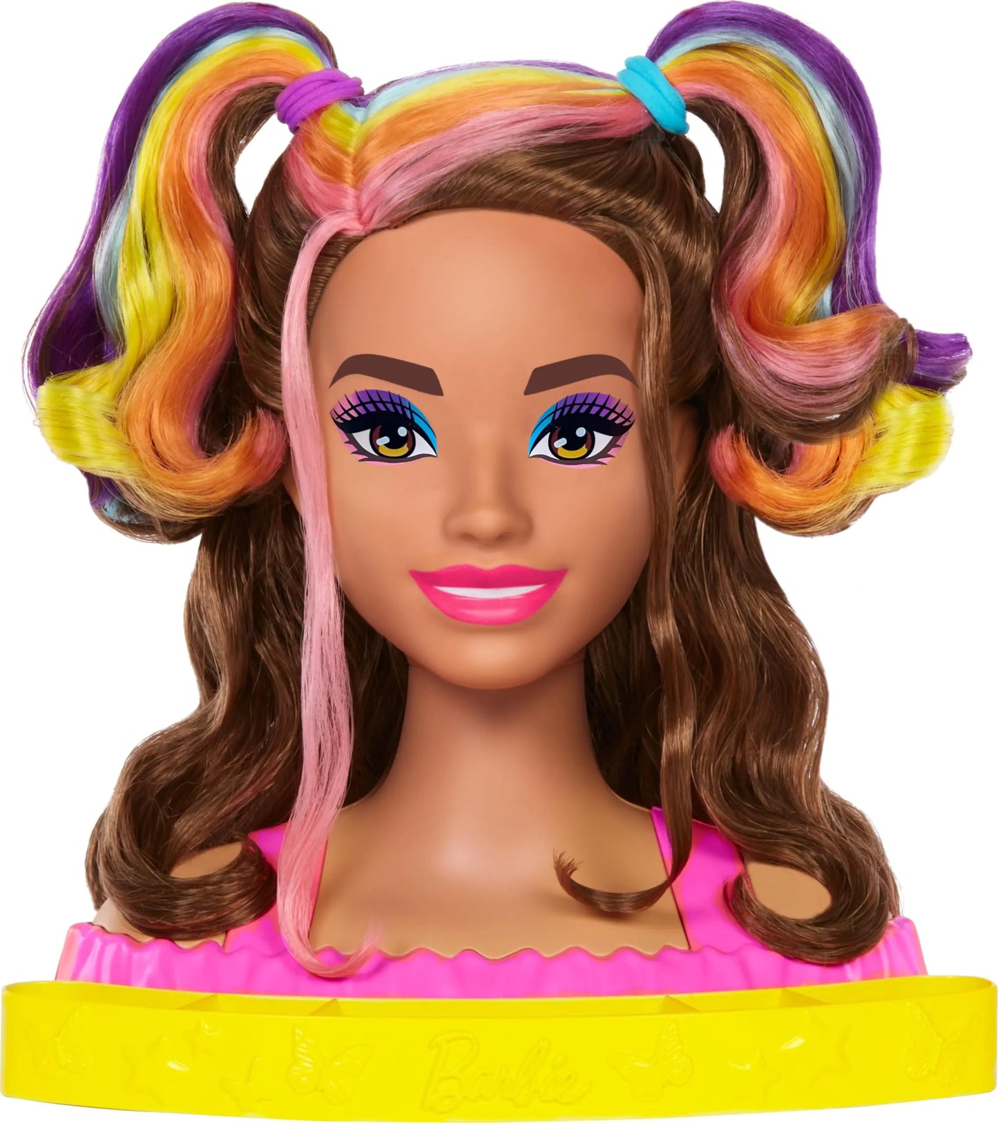 Barbie Totally Hair Styling Doll Head & 20+ Accessories Color Reveal & Color-Change Pieces Wavy Brown Neon Rainbow Hair Kia Day Design