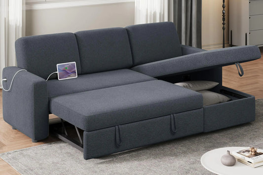 Yaheetech Sectional L-Shaped Sofa w/Chaise USB Reversible Couch Sleeper w/Pull Out Bed - - sofa