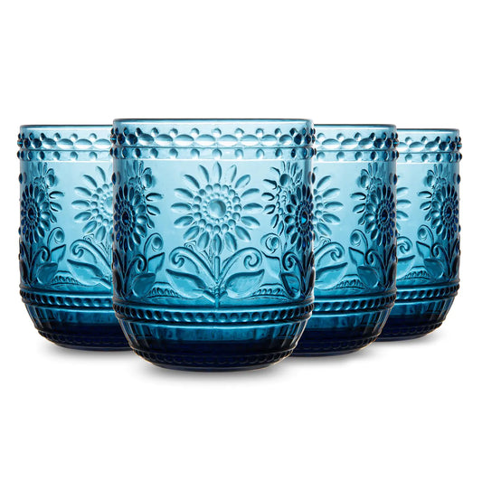 SoulTimes Glass Cups Vintage Glassware Drinking Glass Set of 4 Embossed Floral Decorative Glasses Set for Water Whisky Juice Beverages Cocktail Colored Glassware-12 OZ (Blue)