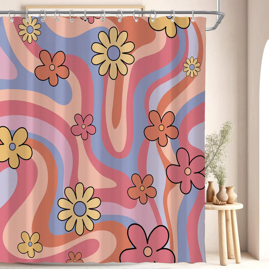 70s Retro Abstract Floral Wavy Vintage Waterproof Shower Curtain Set - - shower curtain