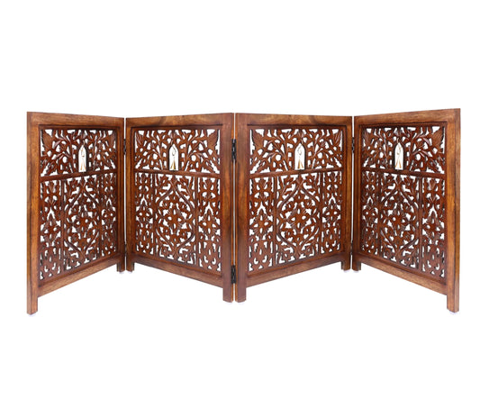 Wooden Foldable Pet Dog Safety Gate - 4 Panel 20" W x 24" H - Hand Carved Ghanti Bells Free Standing Portable - Kia Day Design
