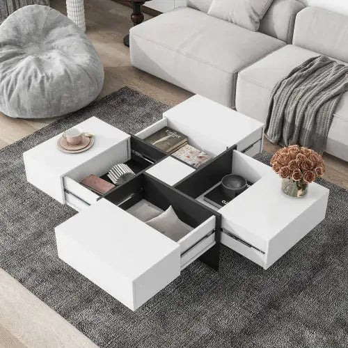 Unique Design Coffee Table With 4 Hidden Storage Compartments White - White - table