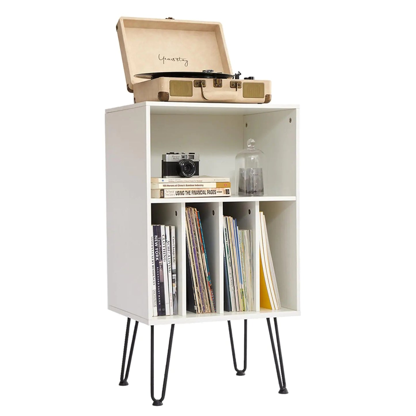 White Record Player Stand with Vinyl Storage Vinyl Storage Up to 150 Albums - Kia Day Design