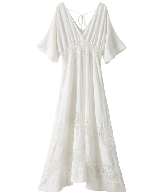 Olaesa Womens Lace Maxi Dress Short Sleeve V Neck Party Dress Smocked Waist Boho Maxi Dress Bohemian Dress for Women White Kia Day Design