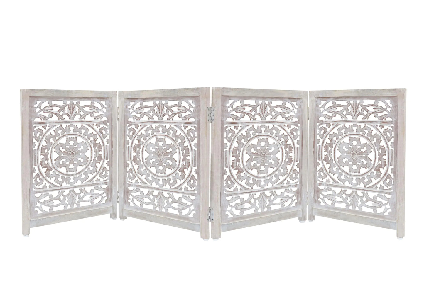 Suzani Hand Carved Wooden Foldable Pet Dog Safety Gate - 3 Panel 20" W x 24" H -Free Standing Portable Gate - Kia Day Design