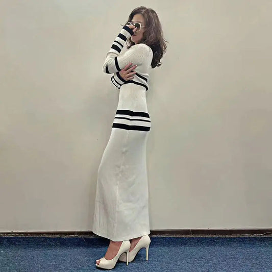Striped Slim-Fit Woolen Long Sleeve Knit Dress - White And Black Stripes S - dress