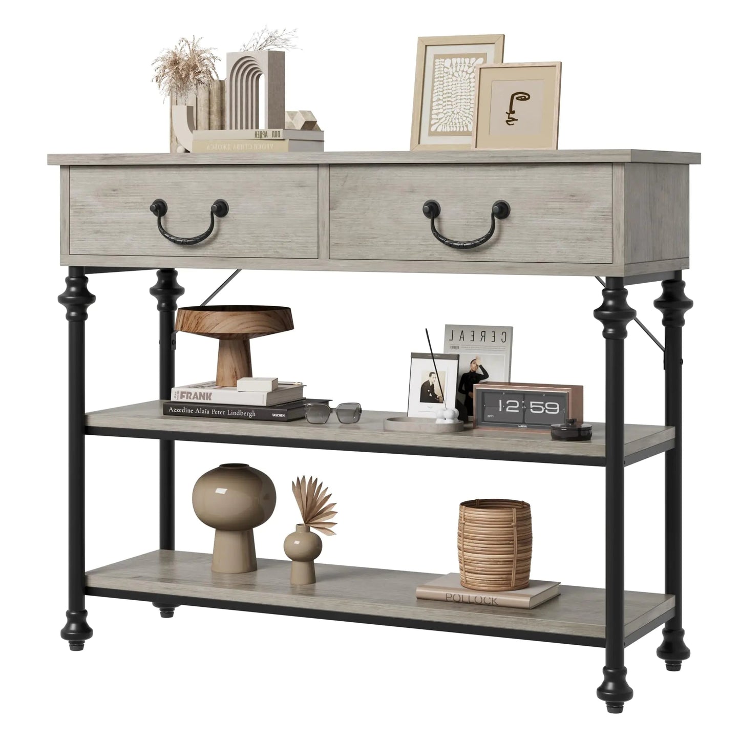 IDEALHOUSE Small Entryway Table with 2 Drawers Narrow Console Table with Storage Shelves for Living Room Console Tables for Entryway Hallway Table Sofa Table Rustic Grey Kia Day Design