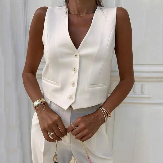 Summer Womens Solid Color Button Vest Set - Kia Day Design