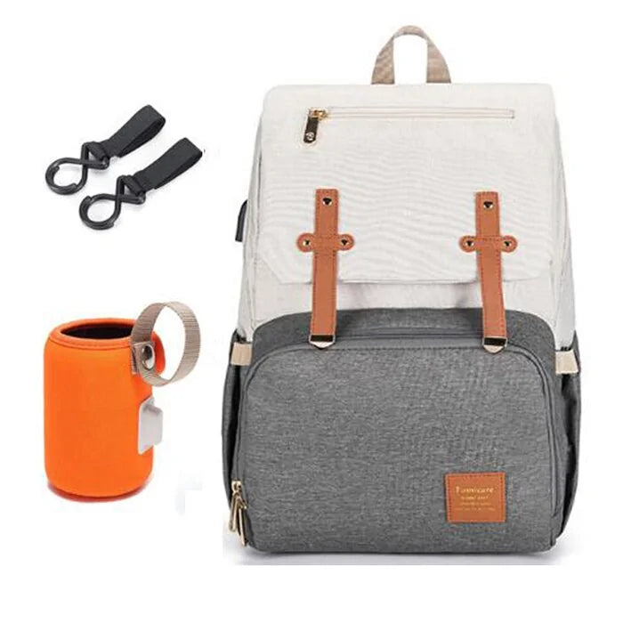 Baby Diaper Bag with USB Port - Beige Gray - diaper bag