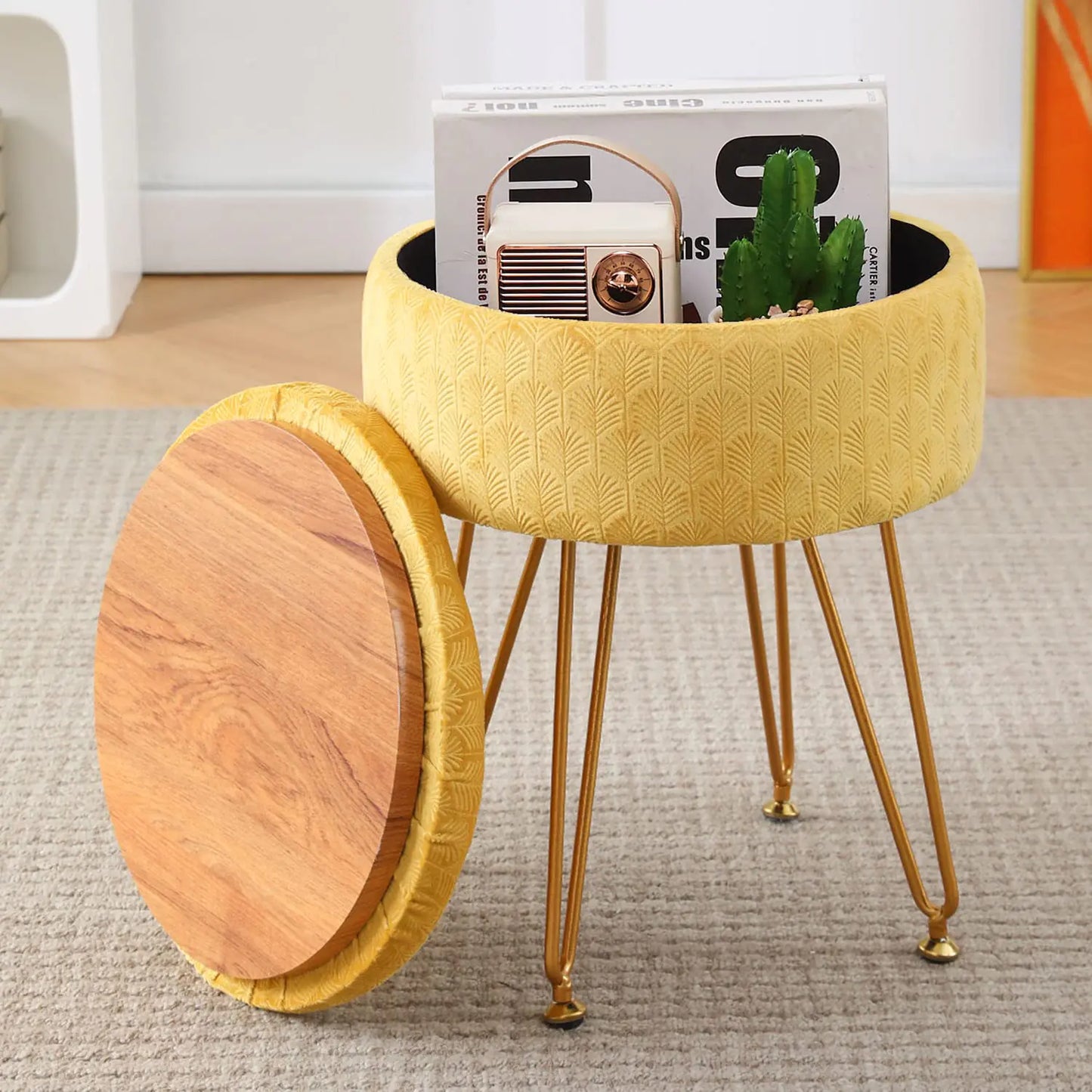 Yellow Velvet Ottoman Round Footrest with Storage Space Soft Vanity Chair with Memory Foam Seat - Kia Day Design