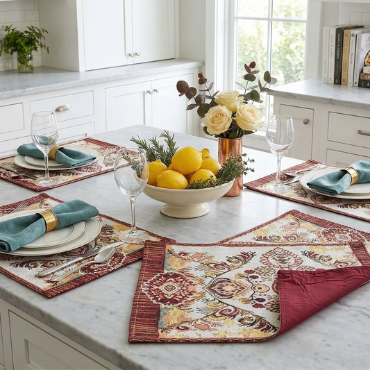 Tache Burgundy Ornate Paisley Woven Tapestry Placemats - Eclectic Modern Dining Set - - Placemat
