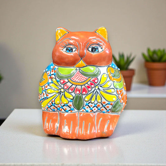 Colorful Ceramic Talavera Cat Planter Mexican Art - - Talavera Planter
