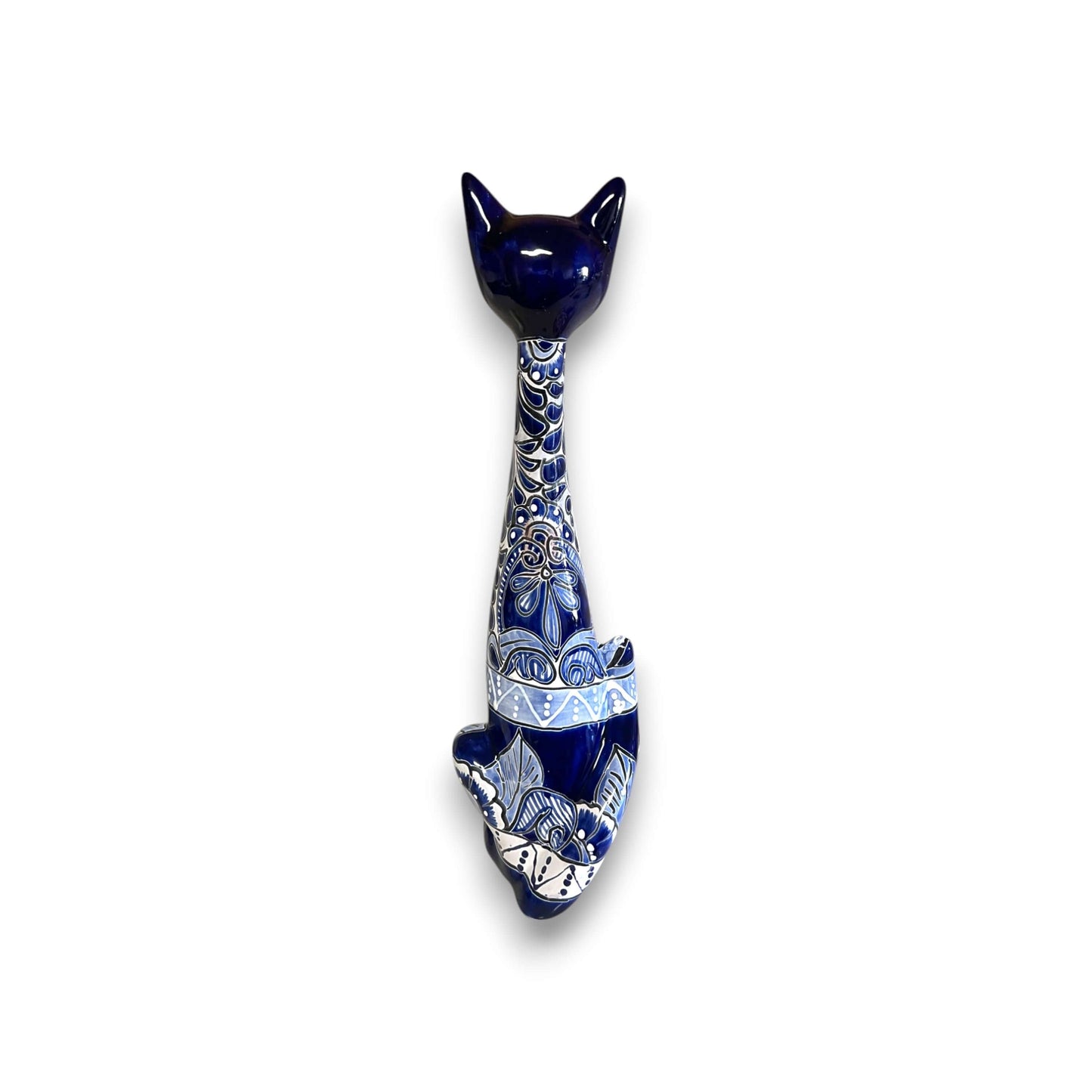 Tall Talavera Cat Statue Handmade Blue & White Ceramic Figurine - - Talavera Statue