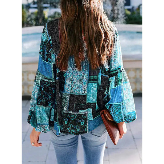 Patchwork Print Loose Long Sleeve Blouse - Kia Day Design