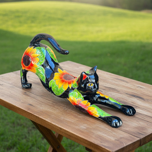 Talavera Stretching Cat Statue Hand-Painted Sunflower Design - - Talavera Statue