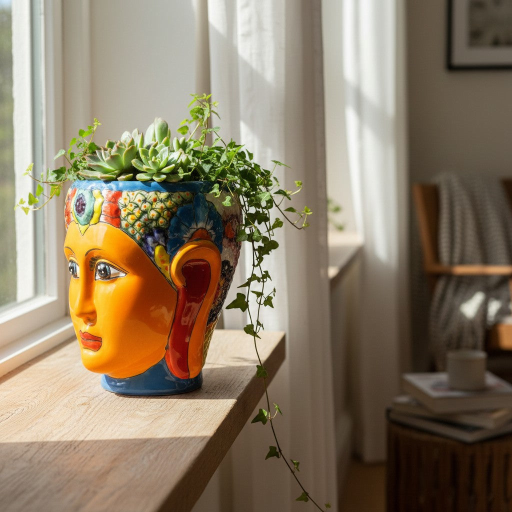 Talavera Face Planter Hand-Painted Mexican Lady Pot Folk Art - - Talavera Planter